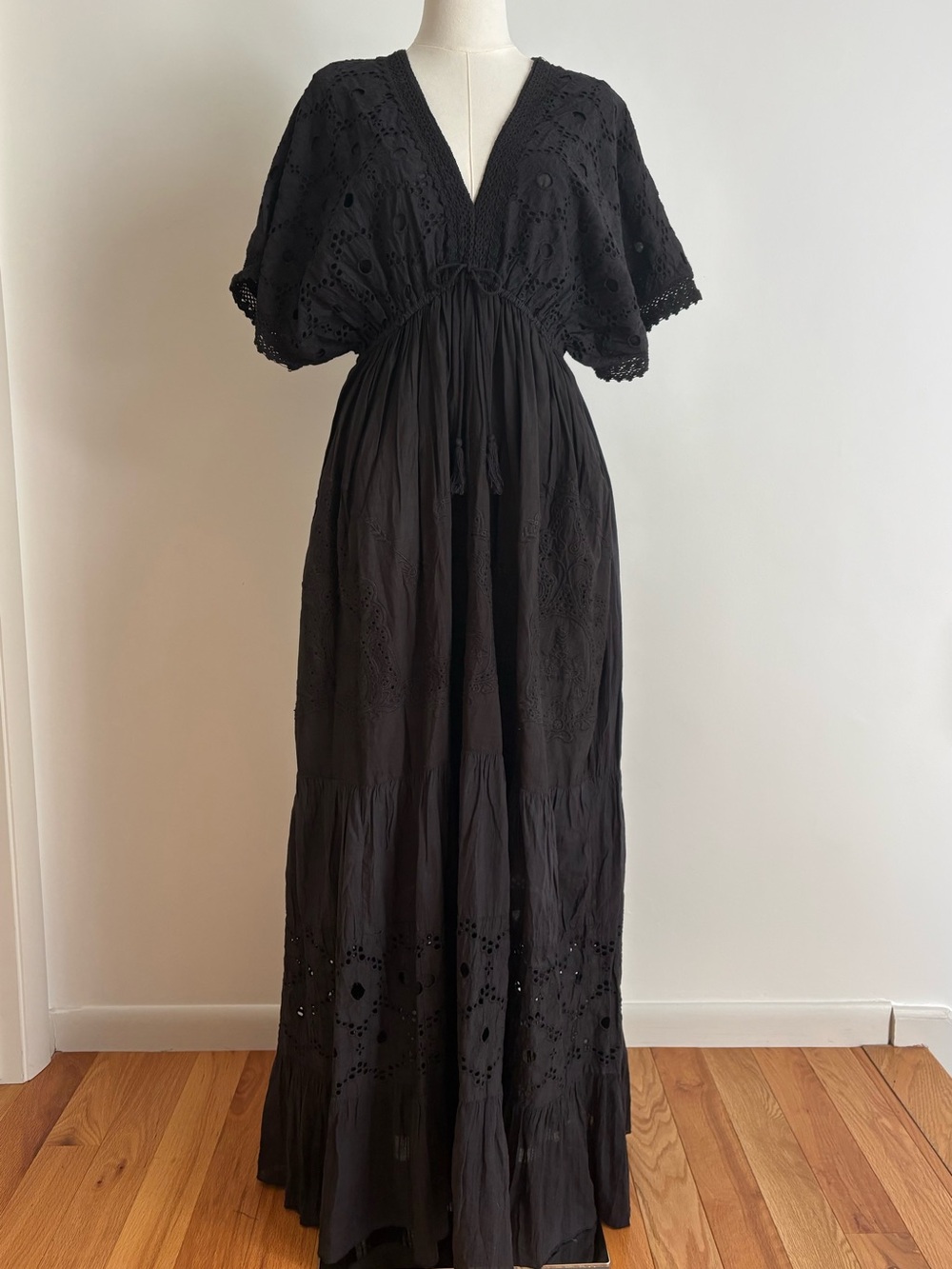 100% Cotton Black Eyelet V-Neck Maxi Dress